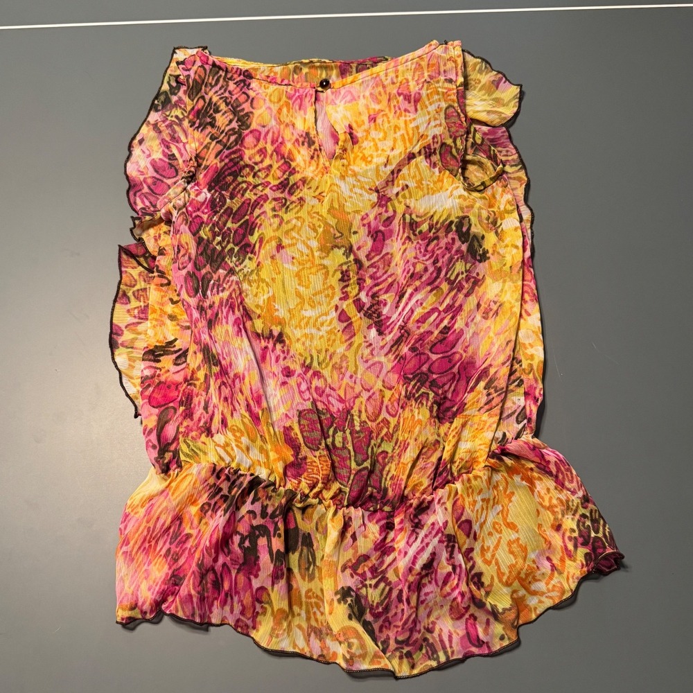 IZ Byer California Ruffle Animal Print Blouse Pink Yellow Sleeveless Small - Picture 7 of 9
